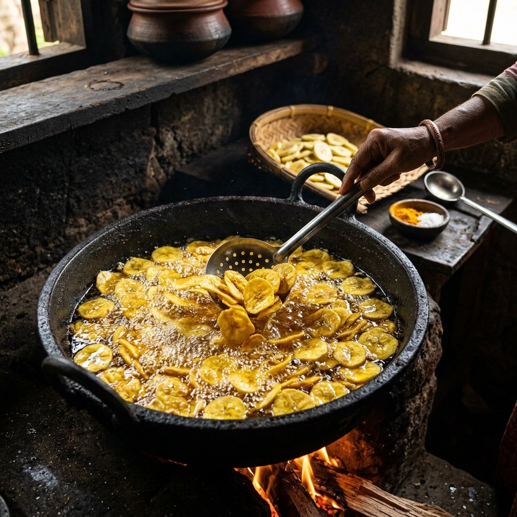 Authentic Kerala banana chips being fried in coconut oil